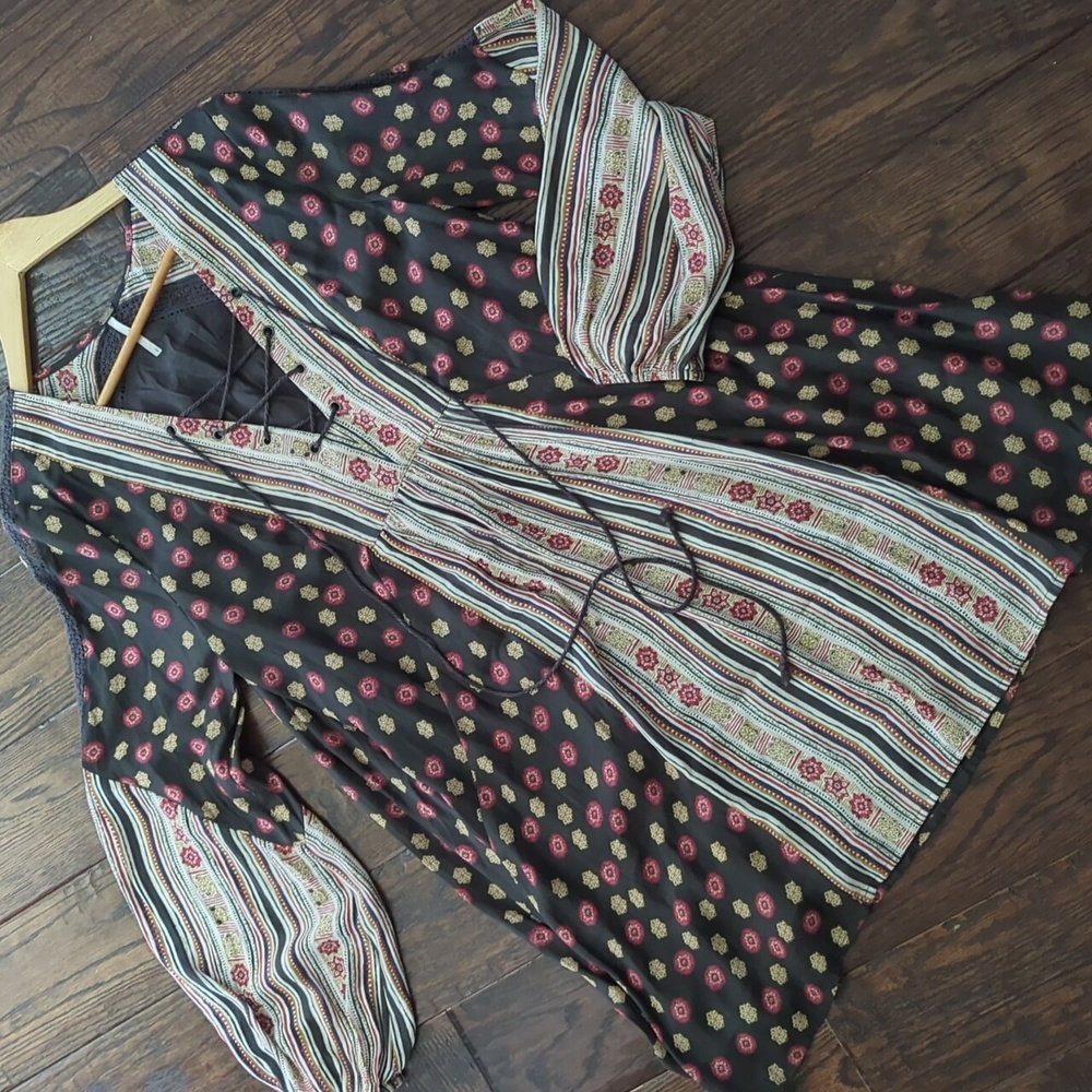 FREE PEOPLE I Black Boho Festival Lace-Up Rain or Shine Tunic Mini Dress, S - Picture 3 of 15